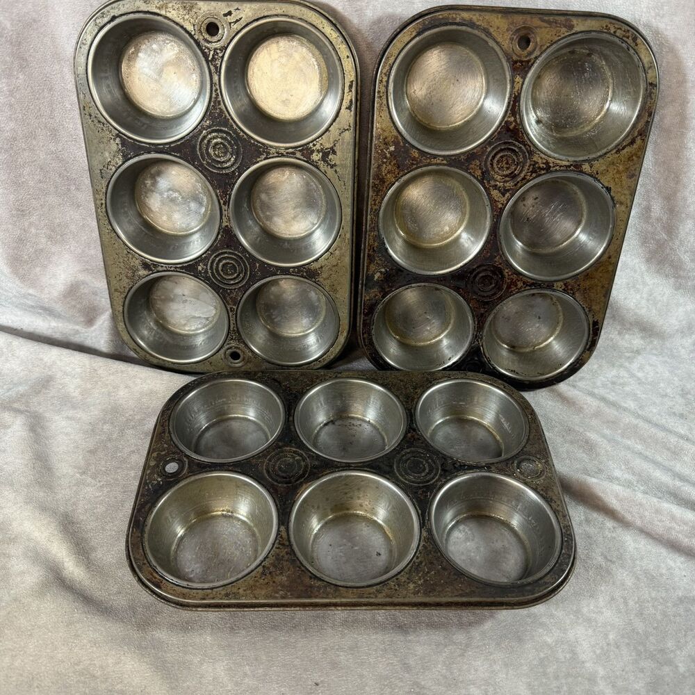 Set Of (3) Vintage Bake King 6 Cupcake Tin Muffin Biscuit Egg Bites Pan USA NICE